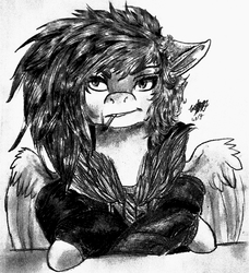 Size: 2624x2879 | Tagged: safe, artist:brainiac, oc, oc only, oc:liftan drift, pegasus, pony, fallout equestria, black and white, bomber jacket, bust, cigarette, clothes, dashite, female, floppy ears, grayscale, high res, mare, monochrome, solo, traditional art