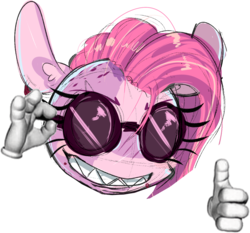 Size: 1262x1175 | Tagged: safe, artist:peachesandcreamated, edit, pinkie pie, g4, grin, picardia ball, sharp teeth, simple background, smiling, sunglasses, teeth, transparent background