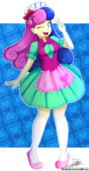 Size: 1104x2110 | Tagged: safe, artist:the-butch-x, bon bon, sweetie drops, human, equestria girls, g4, adorabon, background human, clothes, cute, doll, dress, equestria girls minis, female, flats, one eye closed, peace sign, puffy sleeves, signature, skirt, socks, solo, stockings, thigh highs, toy, wink