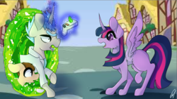 Size: 1334x750 | Tagged: safe, artist:purpleponyarr, twilight sparkle, alicorn, pony, g4, crossover, hilarious in hindsight, morty smith, ponified, ponyville, portal, portal gun (rick and morty), rick and morty, rick sanchez, twilight sparkle (alicorn)