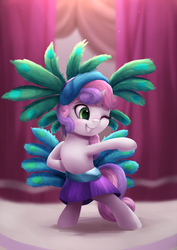 Size: 800x1133 | Tagged: safe, artist:vanillaghosties, sweetie belle, pony, unicorn, g4, ponyville confidential, bipedal, cute, diasweetes, female, filly, one eye closed, peacock feathers, smiling, solo, wink