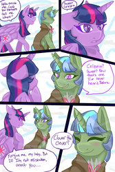 Size: 1024x1536 | Tagged: safe, artist:jeyjeymohr, clover the clever, twilight sparkle, alicorn, pony, unicorn, comic:crownless, g4, cloak, clothes, comic, dialogue, twilight sparkle (alicorn)