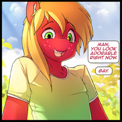 Size: 437x436 | Tagged: safe, artist:hoodie, big macintosh, earth pony, semi-anthro, comic:butters big night, g4, clothes, comic, cropcon, cropped, explicit source, implied buttermac, implied butterscotch, implied fluttermac, implied gay, implied shipping, looking at you, male, offscreen character, shirt, solo, speech bubble, stallion, t-shirt