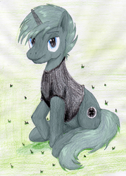 Size: 1863x2596 | Tagged: safe, artist:40kponyguy, artist:soulcreeper12, derpibooru exclusive, edit, oc, oc only, oc:scope sight, pony, unicorn, clothes, looking at you, male, requested art, shirt, sitting, solo, stallion, traditional art