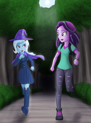 Size: 2080x2792 | Tagged: safe, artist:artemis-polara, starlight glimmer, trixie, equestria girls, g4, beanie, cape, clothes, commission, female, forest, hat, high res, legs, open mouth, pants, racing, ripped pants, running, skirt, torn clothes, tree, trixie's cape, trixie's hat, vest