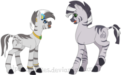 Size: 1403x874 | Tagged: safe, artist:ipandacakes, oc, oc only, oc:kokoto, oc:sage, zebra, bracelet, cute, ear piercing, earring, eye contact, flower, flower in hair, frown, jewelry, looking at each other, necklace, nervous, open mouth, parent:zecora, piercing, raised leg, simple background, smiling, transparent background, zebra oc