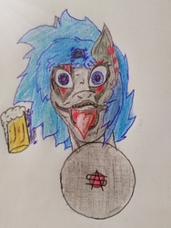 Size: 1920x2560 | Tagged: safe, artist:thalane.dragonness, oc, oc only, oc:shadow melody, alcohol, avatar (band), beer, broken horn, female, horn, makeup, metal, piercing, solo, traditional art, vinyl