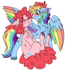Size: 652x692 | Tagged: safe, artist:wanderingpegasus, pinkie pie, rainbow dash, earth pony, pegasus, pony, g4, blushing, colored wings, cute, duo, eyes closed, female, lesbian, mare, multicolored wings, rainbow wings, ship:pinkiedash, shipping, simple background, smiling, unshorn fetlocks, white background
