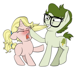 Size: 1024x917 | Tagged: safe, artist:lostinthetrees, oc, oc only, oc:floralscript, oc:trees, earth pony, pony, unicorn, biting, female, filly, hair bite, simple background, sisters, transparent background, younger