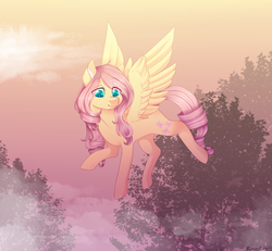 Size: 2411x2227 | Tagged: safe, artist:shiromidorii, fluttershy, pony, g4, afternoon, female, flying, high res, solo, tree