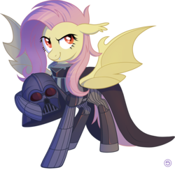 Size: 950x928 | Tagged: safe, artist:stasysolitude, fluttershy, bat pony, pony, g4, bat wings, clothes, cosplay, costume, crossover, darth vader, female, flutterbat, fluttersith, helmet, mare, race swap, red eyes, simple background, solo, spread wings, star wars, transparent background, wings