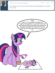 Size: 600x800 | Tagged: safe, artist:dekomaru, twilight sparkle, oc, oc:aurora, pony, tumblr:ask twixie, g4, ask, baby, baby pony, diaper, female, filly, magic, magical lesbian spawn, mother and daughter, offspring, parent:trixie, parent:twilight sparkle, parents:twixie, tumblr