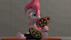 Size: 640x360 | Tagged: safe, artist:fishimira, pinkie pie, human, g4, 3d, animated, disappointed, emotional spectrum, female, gif, giveaway, logo, passerby, sitting, source filmmaker, stage.bsp