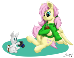 Size: 1500x1188 | Tagged: safe, artist:saxpony, angel bunny, fluttershy, pegasus, pony, rabbit, g4, clothes, female, hat, hoodie, mare, ponytail, signature, simple background, top hat, transparent background