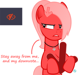 Size: 2206x2144 | Tagged: safe, artist:arifproject, oc, oc only, oc:downvote, pony, derpibooru, g4, angry, derpibooru ponified, dialogue, don't talk to me or my son ever again, downvote's downvotes, hide, high res, jewelry, meta, necklace, ponified, ponytail, simple background, solo, transparent background, vector
