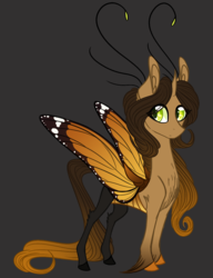 Size: 1000x1300 | Tagged: safe, artist:australian-senior, oc, oc only, oc:aroma, butterfly, butterfly pony, flutter pony, original species, pony, antennae, butterfly wings, colored hooves, fae, gray background, realistic horse legs, simple background, solo, unshorn fetlocks