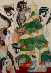 Size: 975x1379 | Tagged: safe, artist:beetrue, oc, oc only, oc:flitterwings, oc:kilandria, oc:rainstorm, oc:sky palette, oc:winterberry, alicorn, pegasus, pony, unicorn, christmas, christmas tree, female, filly, holiday, mare, traditional art, tree