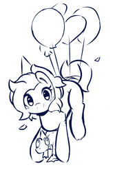 Size: 1080x1620 | Tagged: safe, artist:pinkcappachino, gummy, pinkie pie, earth pony, pony, g4, balloon, blush sticker, blushing, female, floating, hat, mare, monochrome, party hat, simple background, smiling, then watch her balloons lift her up to the sky, white background