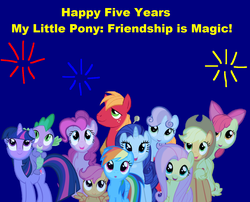 Size: 1400x1129 | Tagged: safe, artist:samueljcollins1990, apple bloom, applejack, big macintosh, fluttershy, pinkie pie, rainbow dash, rarity, scootaloo, spike, sweetie belle, twilight sparkle, dragon, g4, anniversary, cutie mark crusaders, fireworks, happy birthday mlp:fim, mane seven, mane six, mlp fim's fifth anniversary, slowpoke, vector