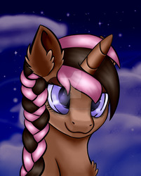 Size: 1024x1273 | Tagged: safe, artist:legenddestroye, oc, oc only, oc:aria, pony, unicorn, bust, female, mare, night, portrait, solo, watermark