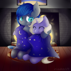 Size: 2000x2000 | Tagged: safe, artist:donutnerd, oc, oc only, oc:lunar frost, oc:moonbow, bat pony, pony, unicorn, blanket, cute, female, fireplace, happy, high res, male, size difference, snuggling