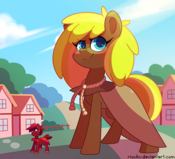 Size: 1024x930 | Tagged: safe, artist:riouku, oc, oc only, oc:ander woods, oc:wonder shine, earth pony, pony, cape, clothes, commission, female, giant pony, hat, looking back, macro, male, mare, smiling, stallion