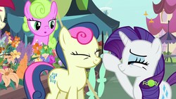 Size: 1920x1080 | Tagged: safe, screencap, bon bon, daisy, flower wishes, rarity, roseluck, sweetie drops, earth pony, pony, unicorn, g4, it isn't the mane thing about you, boop, boop bon, discovery family logo, female, flower, mare