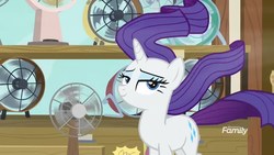 Size: 1920x1080 | Tagged: safe, screencap, rarity, pony, unicorn, g4, it isn't the mane thing about you, and then there's rarity, discovery family logo, fabulous, fan, female, mare, solo, windswept mane