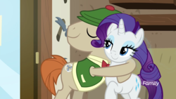 Size: 1920x1080 | Tagged: safe, screencap, mr. breezy, rarity, earth pony, pony, unicorn, g4, it isn't the mane thing about you, discovery family logo, female, hug, male, mare, stallion