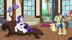 Size: 1920x1080 | Tagged: safe, screencap, davenport, rarity, earth pony, pony, unicorn, g4, it isn't the mane thing about you, season 7, and then there's rarity, background pony, fainting couch, female, hoof hold, lamp, male, mare, quill, quills and sofas, rarity being rarity, stallion