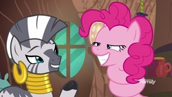 Size: 1920x1080 | Tagged: safe, screencap, pinkie pie, zecora, earth pony, pony, zebra, g4, it isn't the mane thing about you, coiling, smiling, spiral, twisted neck, zecora's hut