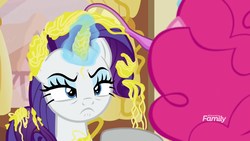 Size: 1920x1080 | Tagged: safe, screencap, pinkie pie, rarity, earth pony, pony, unicorn, g4, it isn't the mane thing about you, discovery family logo, female, mare, messy mane, silly string, unamused