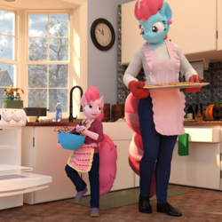 Size: 1500x1500 | Tagged: safe, artist:tahublade7, cup cake, pinkie pie, earth pony, anthro, plantigrade anthro, g4, 3d, apron, baking, bowl, clothes, cookie, cute, daz studio, diapinkes, ear piercing, earring, female, filly, filly pinkie pie, food, jewelry, kitchen, looking at each other, mare, not sfm, oven mitts, pants, piercing, shirt, smiling, tray, younger