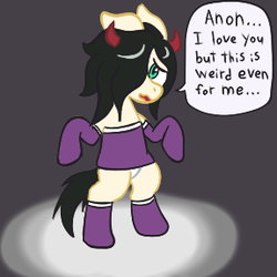Size: 288x288 | Tagged: safe, oc, oc only, oc:floor bored, earth pony, pony, 4chan, bipedal, clothes, cosplay, costume, devil horns, dialogue, dress, female, floppy ears, hair over one eye, horns, implied anon, male, mary lee walsh, open mouth, panties, solo, sonic the hedgehog, sonic the hedgehog (series), sonichu, speech bubble, underwear, wavy mouth, white underwear