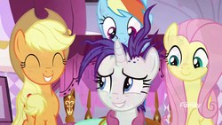 Size: 1920x1080 | Tagged: safe, screencap, applejack, fluttershy, rainbow dash, rarity, earth pony, pegasus, pony, unicorn, g4, it isn't the mane thing about you, alternate hairstyle, discovery family logo, female, mare, punk, raripunk