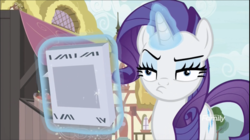 Size: 1324x740 | Tagged: safe, screencap, rarity, pony, unicorn, g4, it isn't the mane thing about you, discovery family logo, faic, female, glowing horn, horn, magic, mare, newspaper, solo, telekinesis