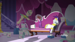Size: 1920x1080 | Tagged: safe, screencap, rarity, pony, unicorn, g4, it isn't the mane thing about you, alternate hairstyle, clothes, discovery family logo, fainting couch, female, food, ice cream, mare, marshmelodrama, punk, raripunk, robe