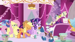 Size: 1920x1080 | Tagged: safe, screencap, applejack, fluttershy, opalescence, rarity, starlight glimmer, twilight sparkle, alicorn, earth pony, pegasus, pony, unicorn, g4, it isn't the mane thing about you, alternate hairstyle, clothes, discovery family logo, fainting couch, female, food, ice cream, mare, marshmelodrama, punk, raripunk, robe, twilight sparkle (alicorn)