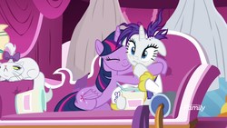 Size: 1920x1080 | Tagged: safe, screencap, opalescence, rarity, twilight sparkle, alicorn, pony, unicorn, g4, it isn't the mane thing about you, alternate hairstyle, discovery family logo, female, floppy ears, food, hug, ice cream, mare, punk, raripunk, twilight sparkle (alicorn)