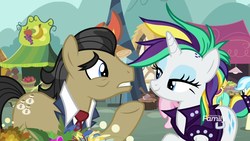 Size: 1920x1080 | Tagged: safe, screencap, filthy rich, rarity, earth pony, pony, unicorn, g4, it isn't the mane thing about you, alternate hairstyle, clothes, discovery family logo, dollar sign, eye contact, female, frown, gritted teeth, lidded eyes, looking at each other, male, mare, mohawk, raripunk, smiling, stallion, underhoof, worried