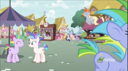 Size: 1324x740 | Tagged: safe, screencap, applejack, derpy hooves, fluttershy, megaphone (g4), pinkie pie, rainbow dash, rarity, reading brook, snappy scoop, sugar pulse, twilight sparkle, alicorn, earth pony, pegasus, pony, unicorn, g4, it isn't the mane thing about you, derpunk, discovery family logo, eyes closed, female, mane six, mare, mohawk, mohawks for everypony, twilight sparkle (alicorn)