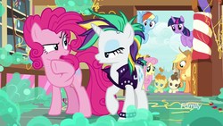 Size: 1920x1080 | Tagged: safe, screencap, applejack, fluttershy, pinkie pie, pound cake, pumpkin cake, rainbow dash, rarity, twilight sparkle, alicorn, earth pony, pegasus, pony, unicorn, g4, it isn't the mane thing about you, alternate hairstyle, baby, baby pony, curly hair, discovery family logo, female, male, mare, mohawk, raripunk, twilight sparkle (alicorn)