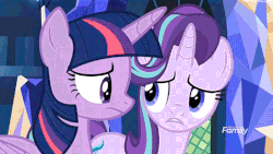 Size: 548x308 | Tagged: safe, screencap, rarity, starlight glimmer, twilight sparkle, alicorn, pony, unicorn, g4, it isn't the mane thing about you, animated, discovery family logo, female, gif, mare, marshmelodrama, raribald, rarisnap, twilight sparkle (alicorn), twilight's castle