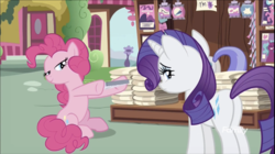 Size: 1324x740 | Tagged: safe, screencap, pinkie pie, rarity, earth pony, pony, unicorn, g4, it isn't the mane thing about you, discovery family logo, female, mare
