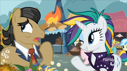 Size: 1920x1080 | Tagged: safe, screencap, filthy rich, rarity, earth pony, pony, unicorn, g4, it isn't the mane thing about you, alternate hairstyle, background pony, campfire, discovery family logo, dollar sign, female, male, mare, mohawk, one eye closed, raripunk, stallion, wink