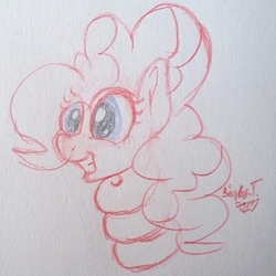 Size: 1796x1796 | Tagged: safe, artist:binkyt11, derpibooru exclusive, pinkie pie, earth pony, pony, g4, it isn't the mane thing about you, coiling, elastic, female, grin, impossibly long neck, mare, pencil drawing, smiling, solo, spiral, stretchy, traditional art, twisted neck