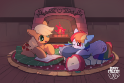 Size: 1530x1033 | Tagged: safe, artist:dusty-munji, applejack, rainbow dash, earth pony, pegasus, pony, g4, art trade, book, cute, dashabetes, female, fireplace, jackabetes, lesbian, mare, missing accessory, multicolored hair, one eye closed, open mouth, pillow, ship:appledash, shipping, smiling