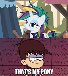 Size: 500x556 | Tagged: safe, edit, edited screencap, screencap, rarity, pony, unicorn, g4, it isn't the mane thing about you, season 7, alternate hairstyle, female, image macro, luna loud, mare, meme, raripunk, solo, that's my pony, that's my x, the loud house