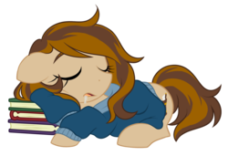 Size: 1361x933 | Tagged: safe, artist:azure-art-wave, oc, oc only, oc:bookmark, earth pony, pony, book, clothes, drool, female, mare, prone, simple background, sleeping, solo, sweater, transparent background
