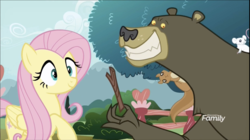 Size: 1324x740 | Tagged: safe, screencap, fluttershy, harry, bear, mouse, pony, squirrel, g4, it isn't the mane thing about you, discovery family logo, stick